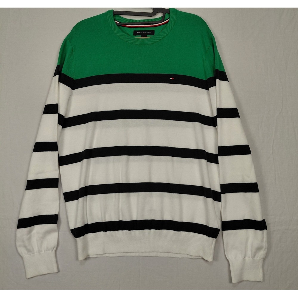 Tommy Hilfiger Sweater Mens Sz M Knit Striped Green Navy White Preppy Crest Logo - Picture 1 of 14